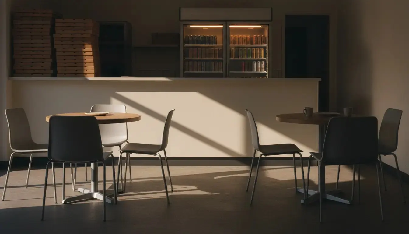 The counter and seating of a small takeaway shop