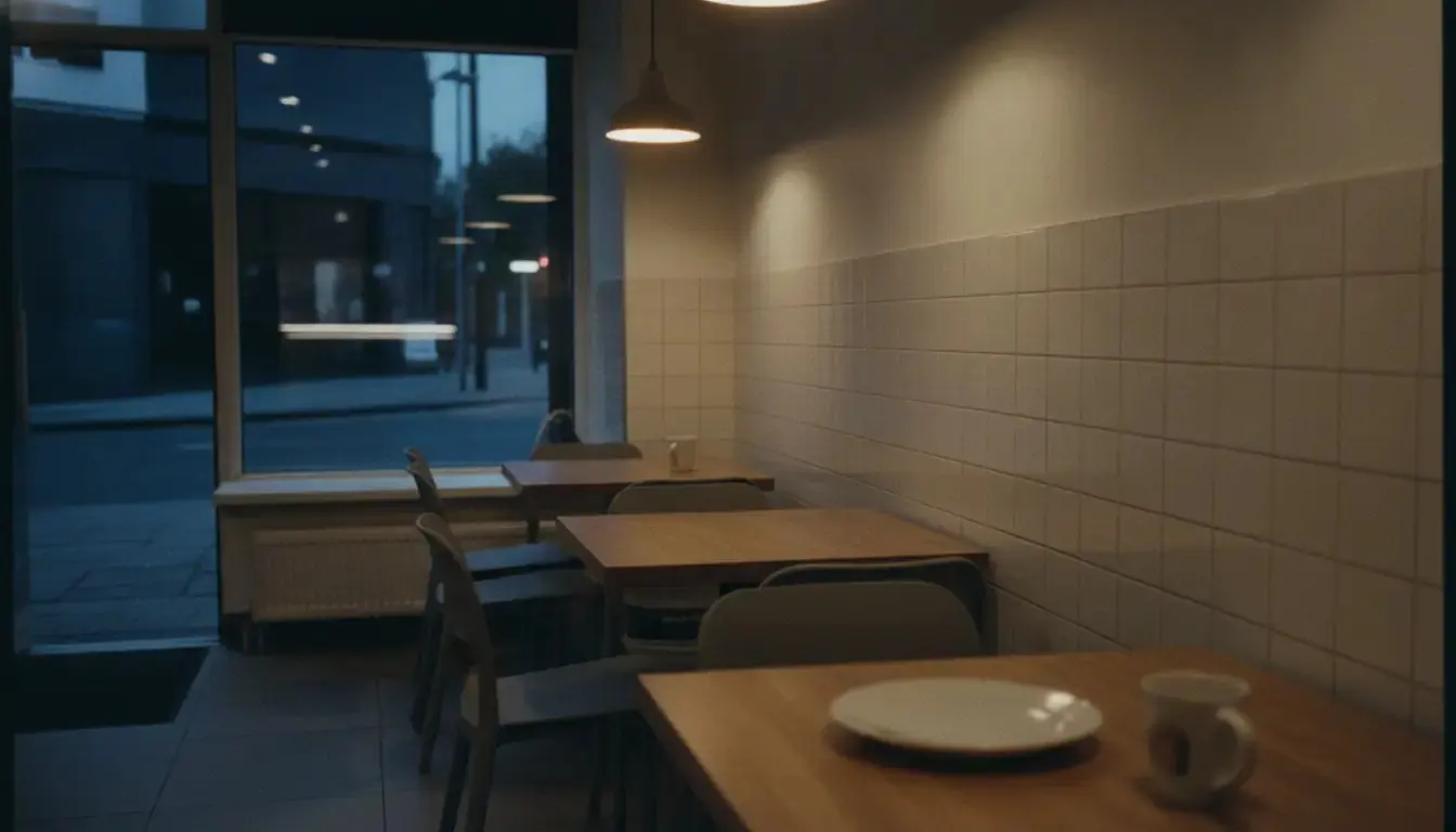 The empty seating area of a small takeaway in the evening